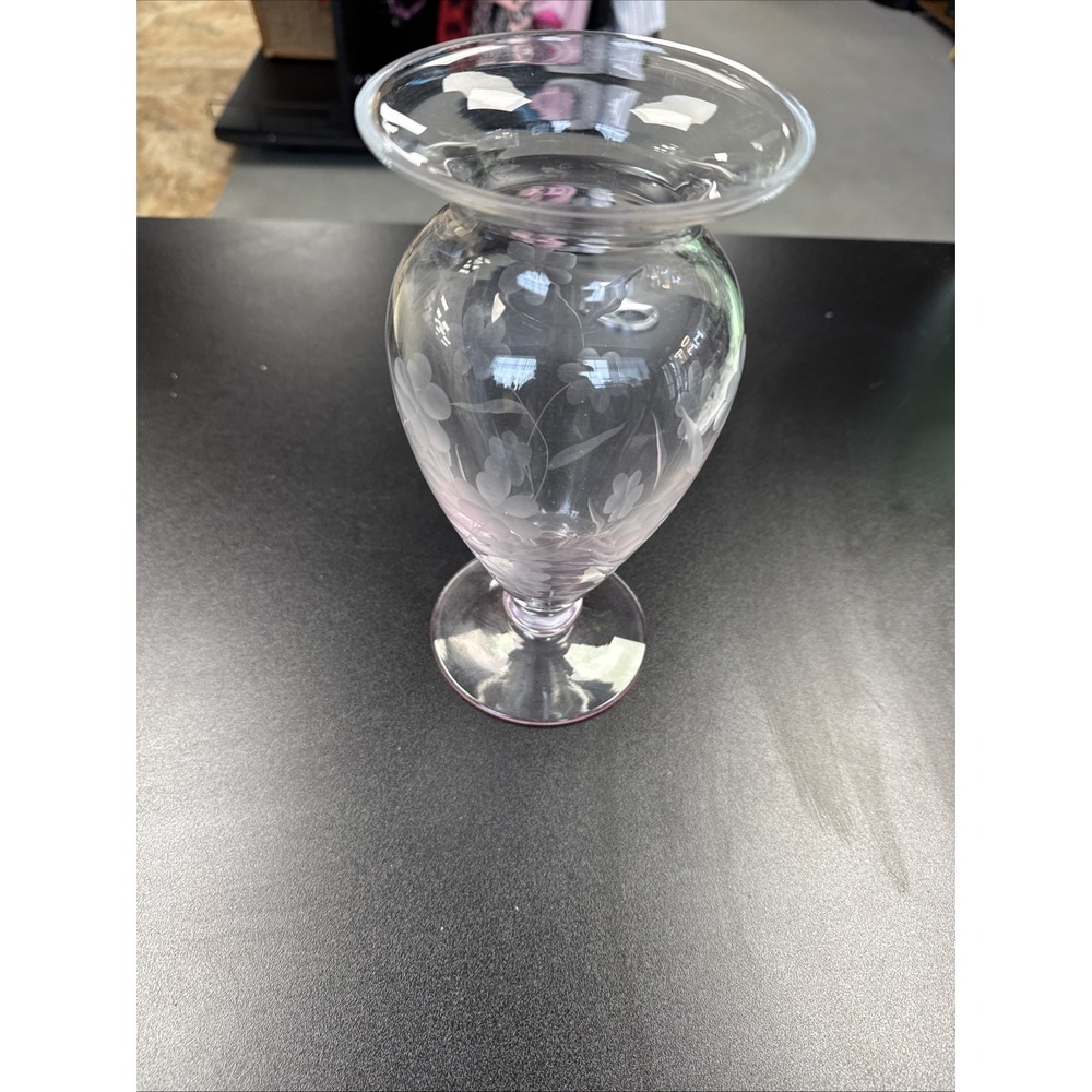LENOX PINK ETCHED CRYSTAL GLASS VASE FLORAL SPIRIT 9" TALL. EXCELLENT‎
